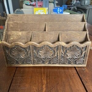 Vintage Lerner Floral Carved Faux Wood Letter Holder Mail Organizer Storage Desk